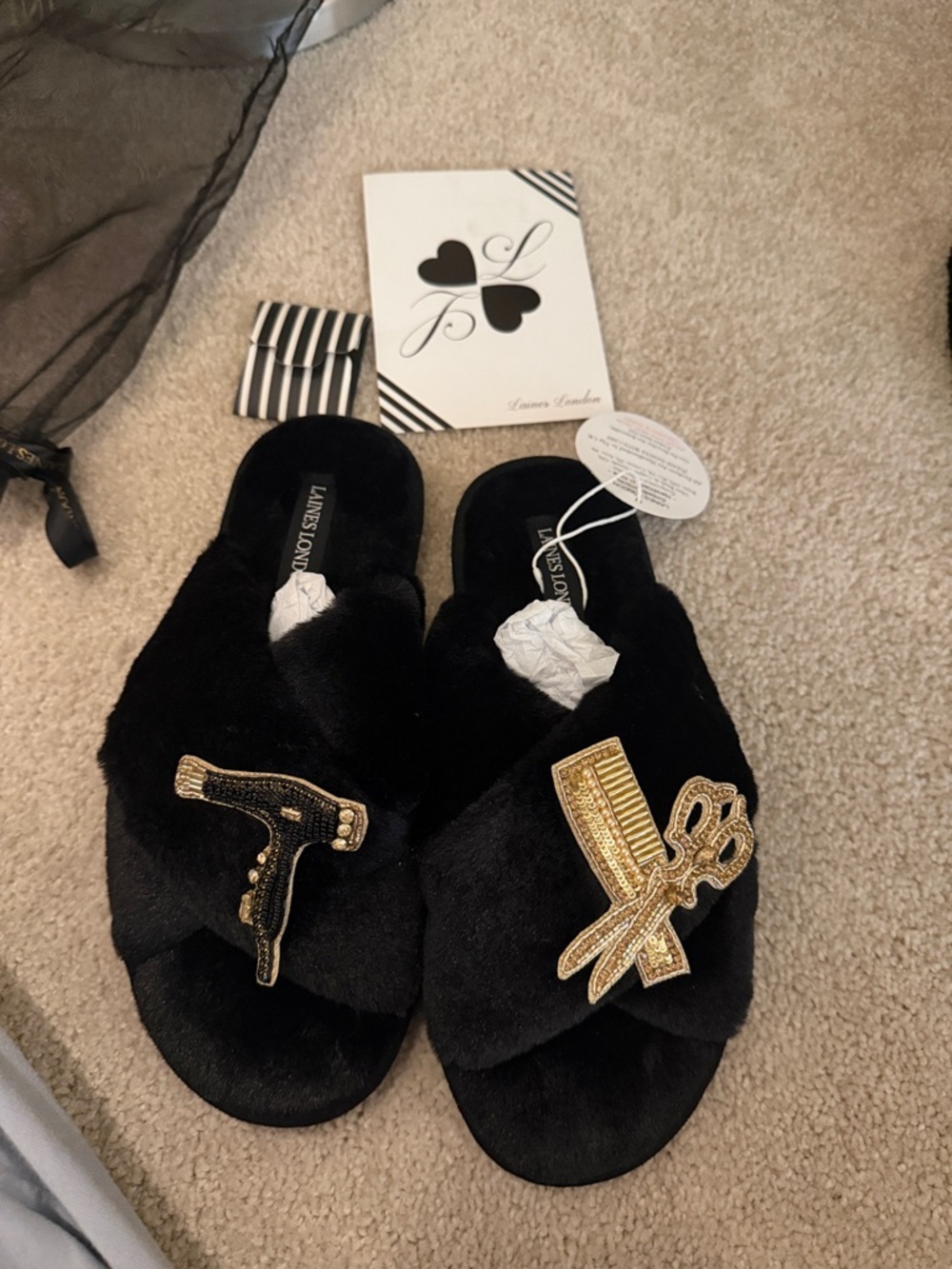 Laines London Black Slippers Slide Sandals with Embellishments - hair stylist